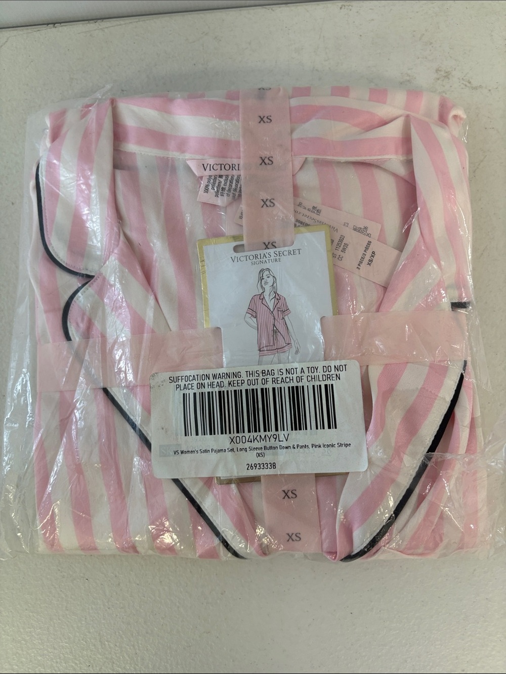 Victoria's Secret Pink & White Striped Satin Pajama Set with Black Trim